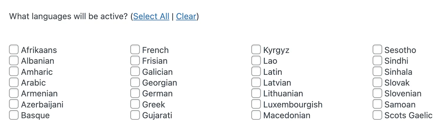 Choose what languages will be active on WordPress – Google Language Translator (Plugin) – Language options