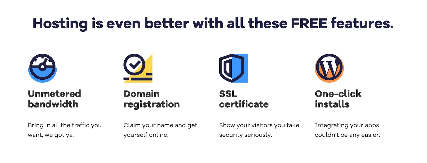 Hosting is even better with all these FREE features. Unmetered bandwidth, Domain registration, SSL, certificate, and One-click installs.