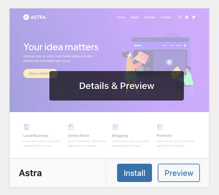 astra theme install and preview buttons screenshot