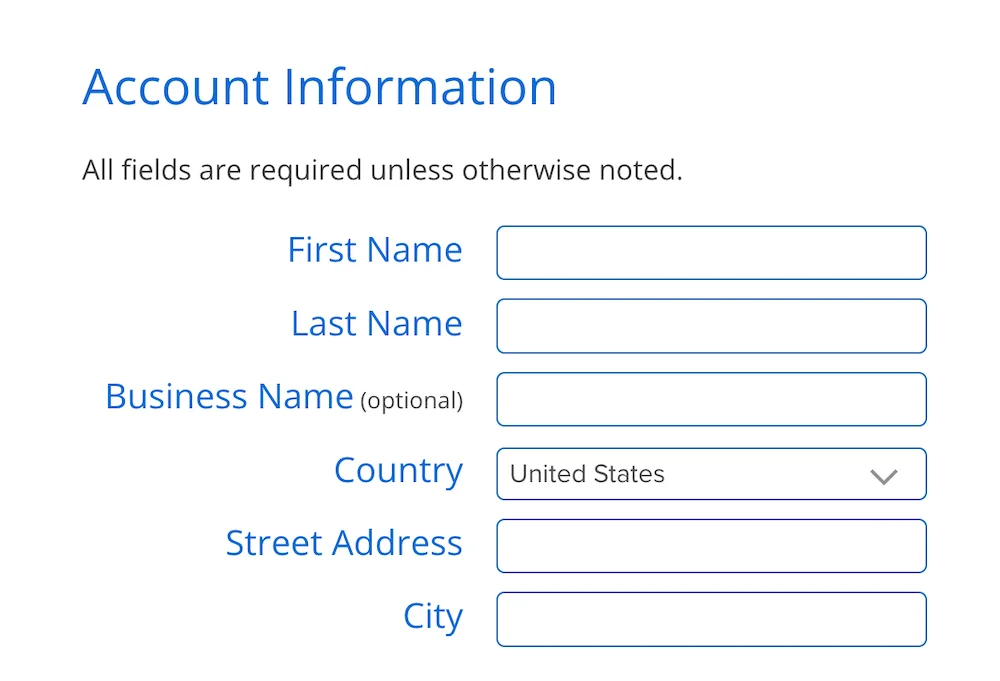 Bluehost Account Information (form). This includes: First Name, Last Name, Business Name (optional), Country, Street Address, and City.