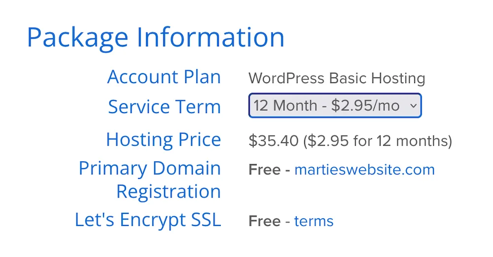 Bluehost Package Information. This includes: Account Plan, Service Term, Hosting Price, Primary Domain Registration, Let's Encrypt SSL.