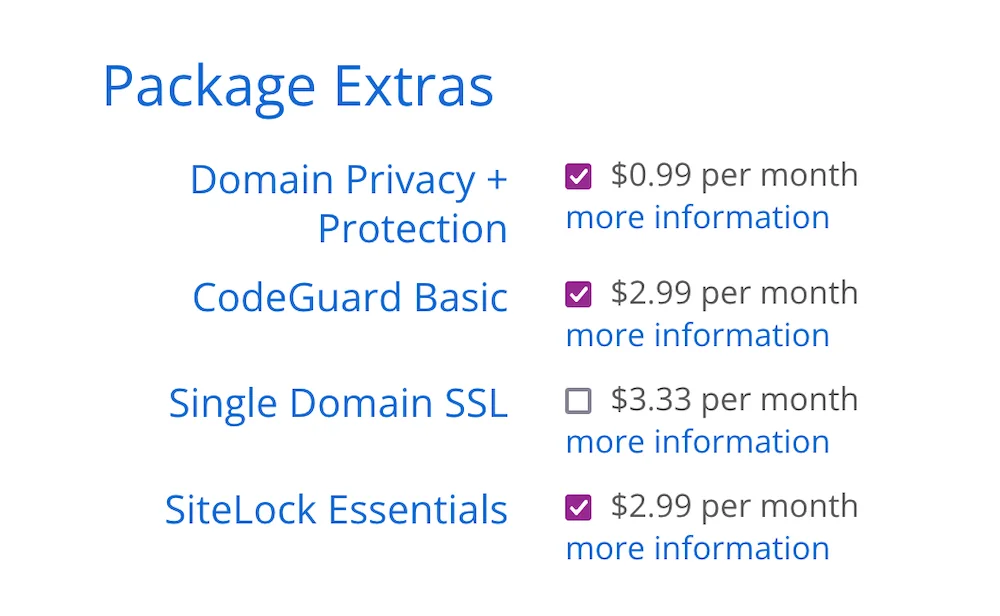 Bluehost Pack Extras. These include: Domain Privacy + Protection, CodeGuard Basic. Single Domain SSL, and SiteLock Essentials.