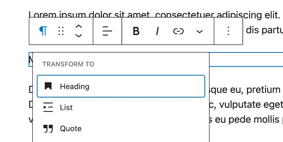 Transform to Heading in WordPress page editor.