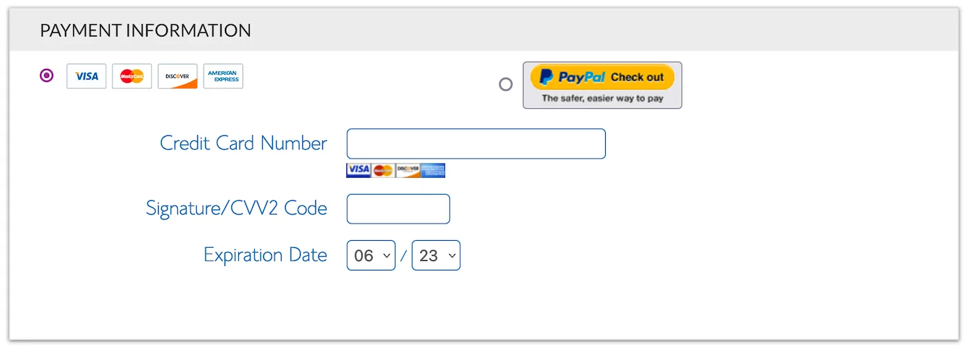 Bluehost Payment Information. Credit / Debit Card or PayPal.