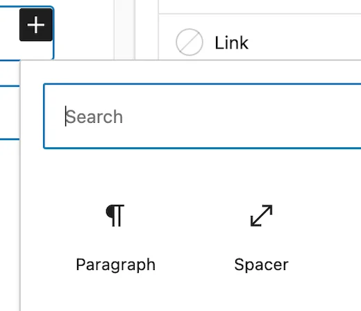 Searching for content Blocks in the WordPress page editor.