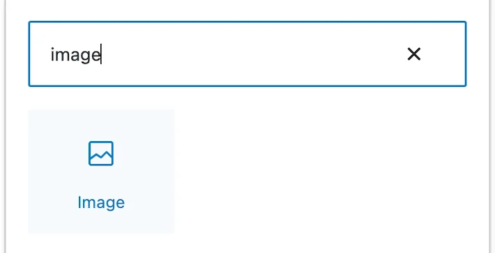 Searching for Image Block in the WordPress page editor.