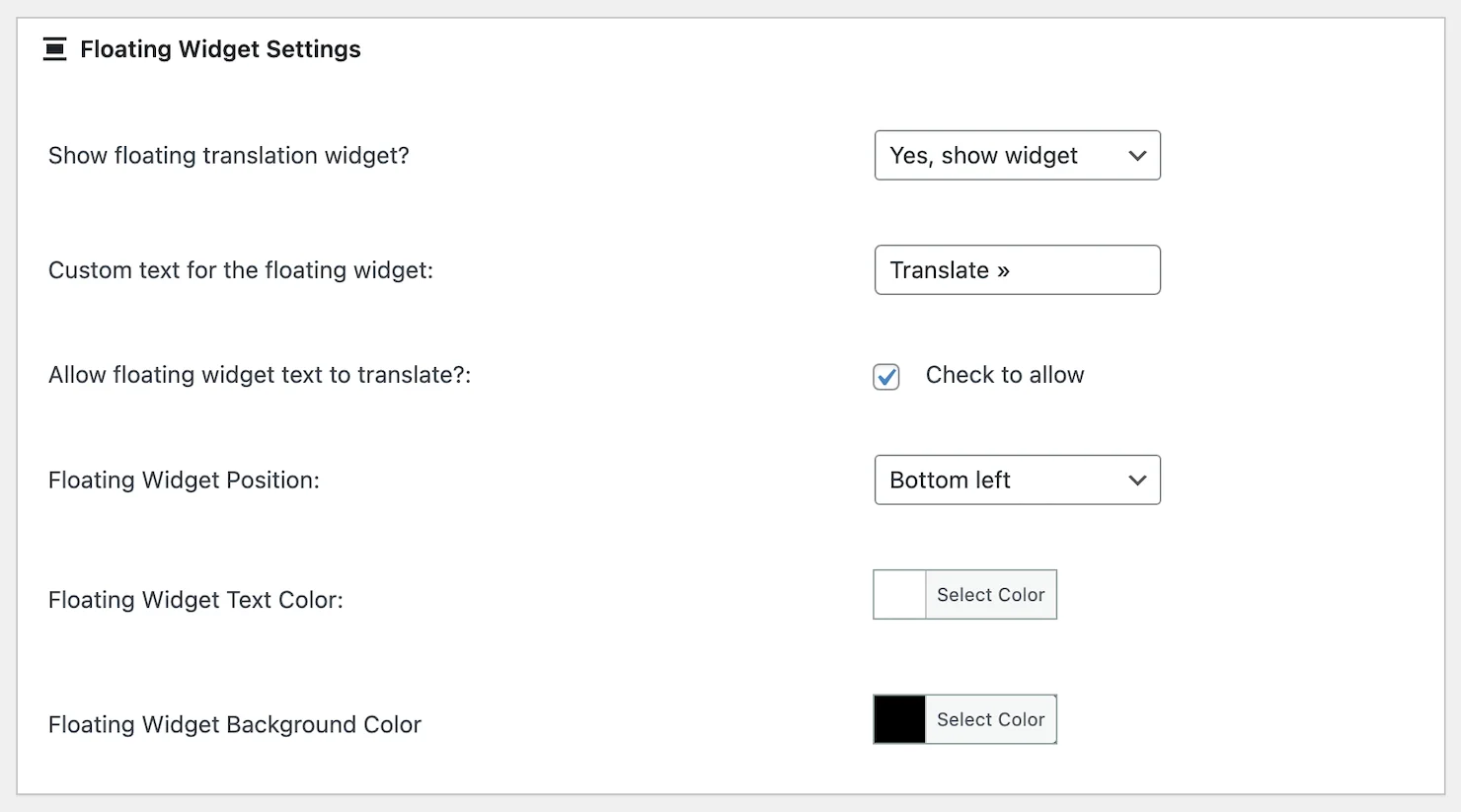 Floating Widget Settings – Google Language Translator WordPress Plugin Settings
