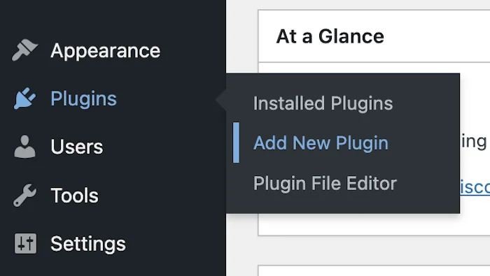 WordPress Dashboard – Hover over Plugins and click Add New Plugin