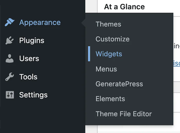 WordPress Dashboard – Hover over Appearance and click Widgets