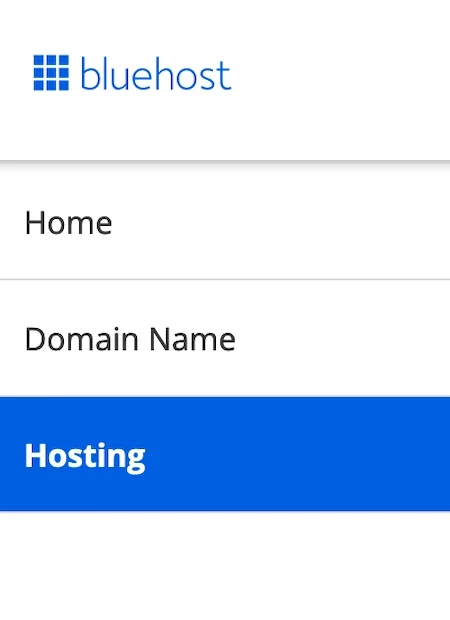 Hosting link in Bluehost menu.