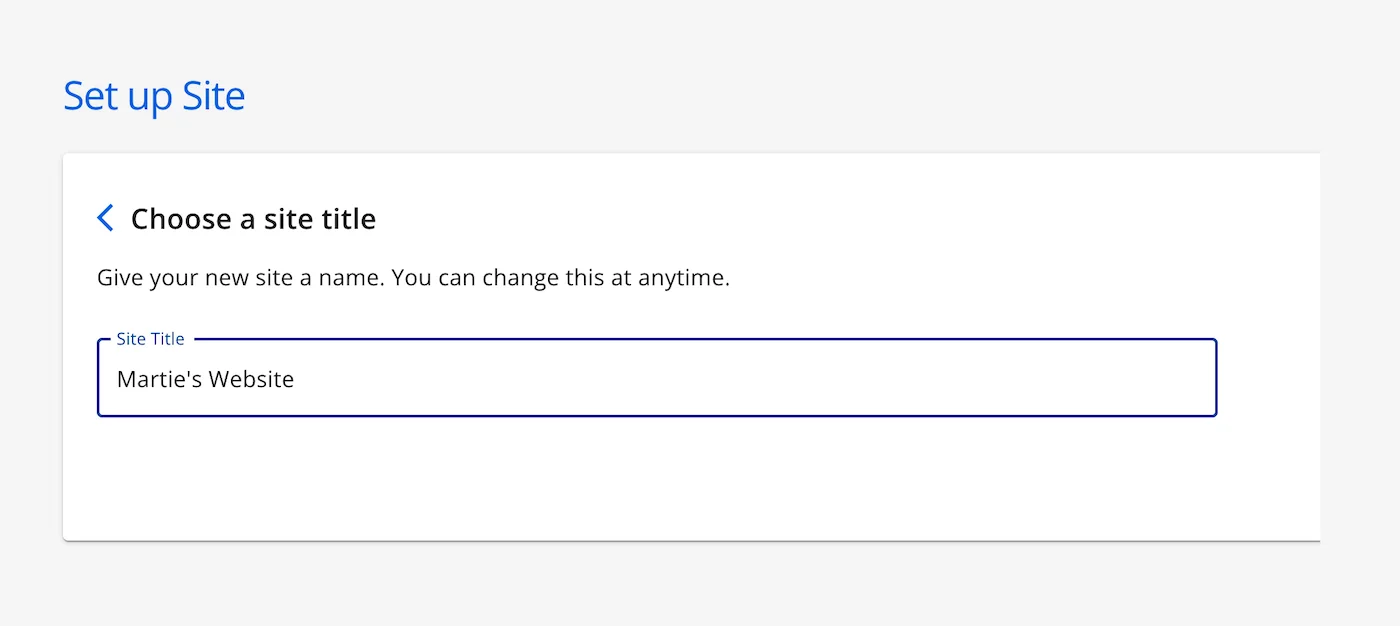 Entering WordPress site title on Bluehost.