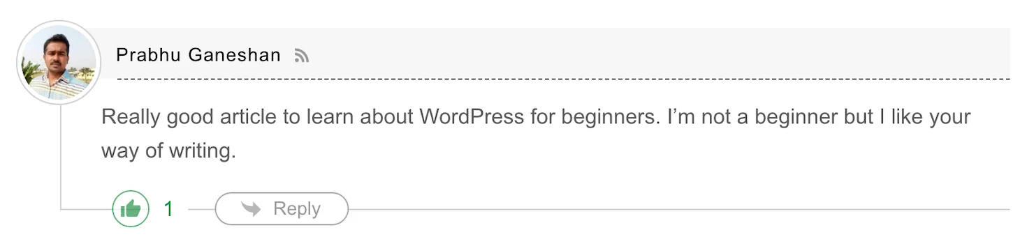 A screenshot of a comment that reads: Really good article to learn about WordPress for beginners. I'm not a beginner but I like your way of writing.