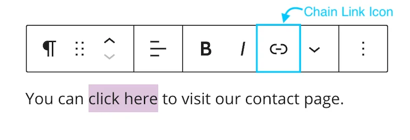 highlighting text in wordpress to add link chain link icon
