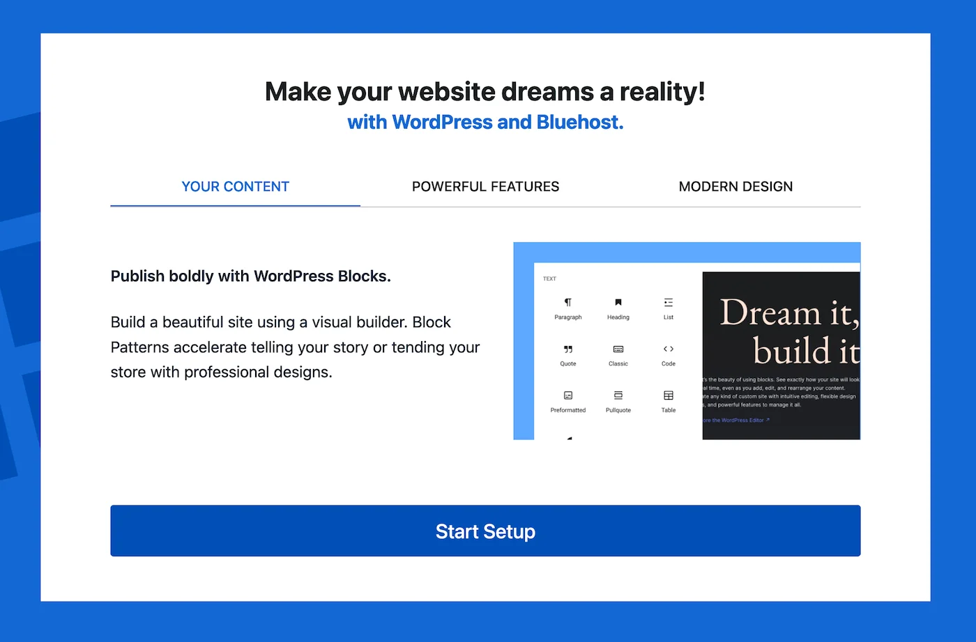Bluehost: WordPress Onboarding Welcome Screen.
