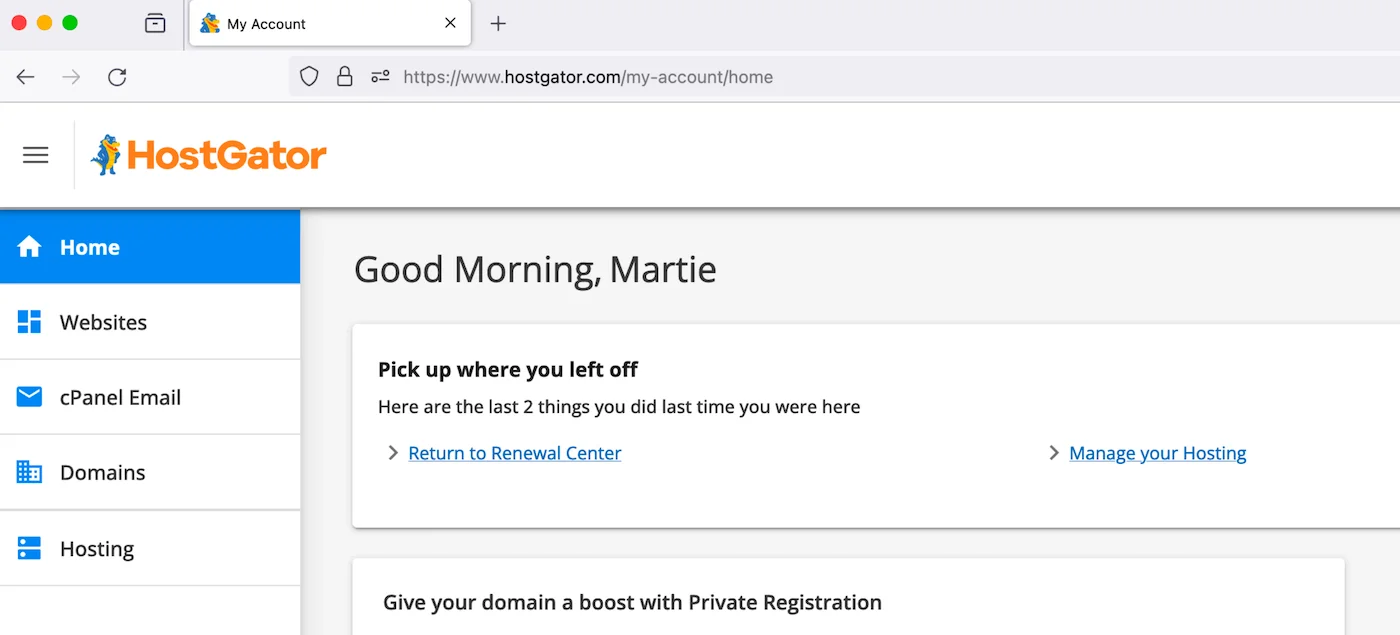 HostGator Dashboard (Home Page)