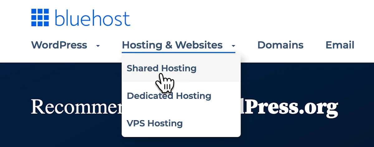 Bluehost "Shared Hosting" Link in Menu.