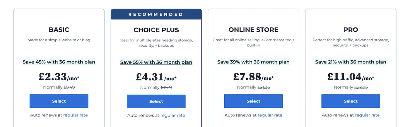 The different hosting plans offered by Bluehost. Basic, Choice Plus, Online Store, and Pro.