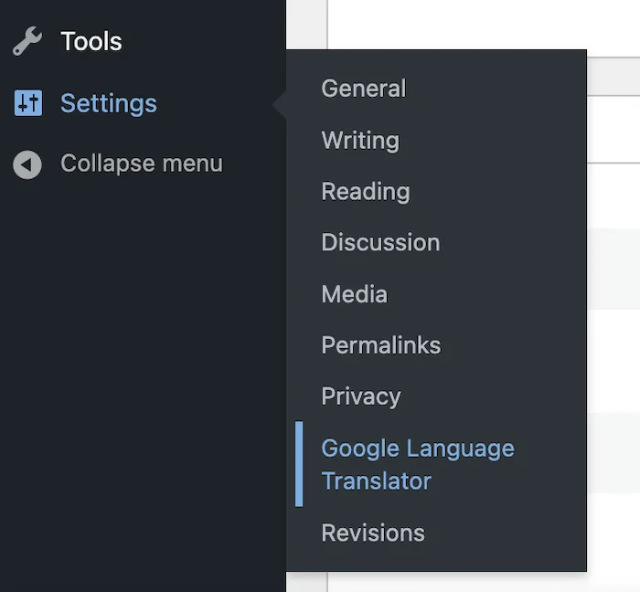 WordPress Dashboard – Hover over Settings and click Google Language Translator