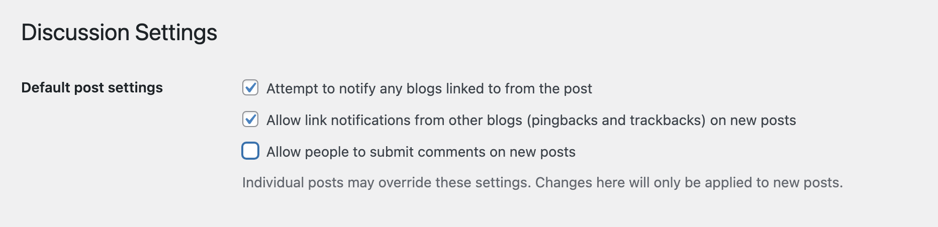 WordPress Discussion Options. Default post settings. Allow people to submit comments on new posts (unchecked). Comments disabled.