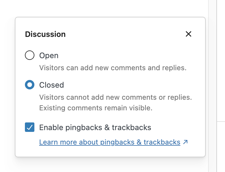 WordPress Discussion settings set to Closed. This means Visitors cannot add new comments or replies. Existing comments remain visible.