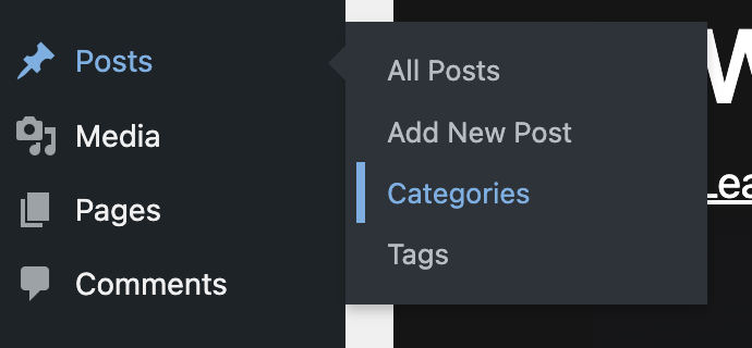 WordPress Dashboard (Menu): Hover over Posts and click into Categories.