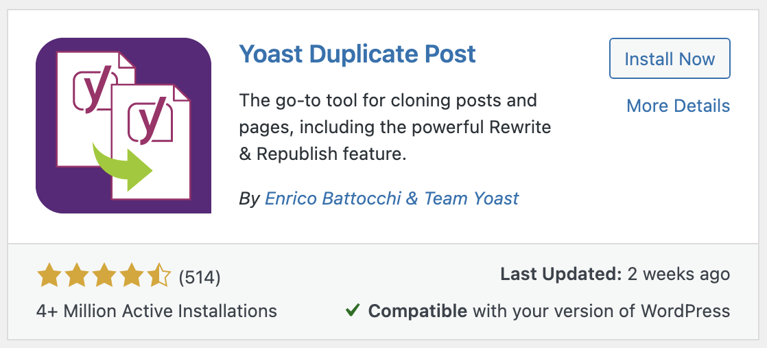 Yoast Duplicate Post – The go-to tool for cloning posts and pages, including the powerful Rewrite & Republish feature. By Enrico Battocchi & Team Yoast.