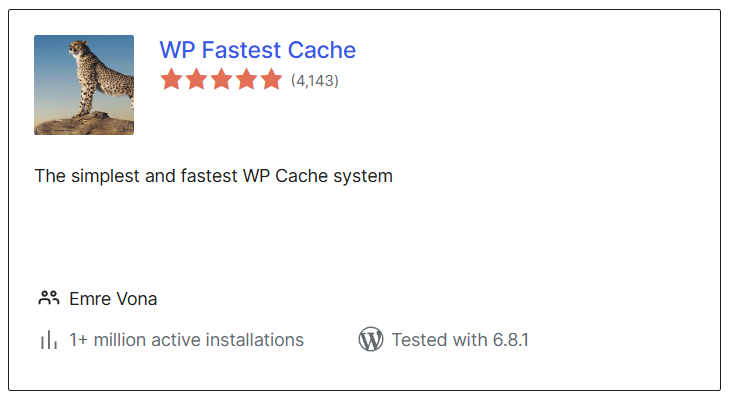 Screenshot showing WP Fastest Cache plugin used to clear WordPress cache with over 1 million active installations